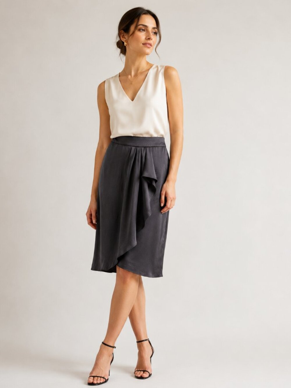 Veronika Maine Draped Skirt Charcoal Dark Lilac Silk Feel